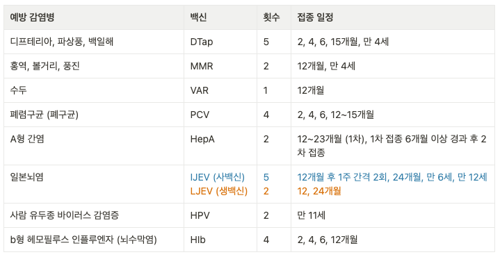 아기 예방 접종  돌 이후